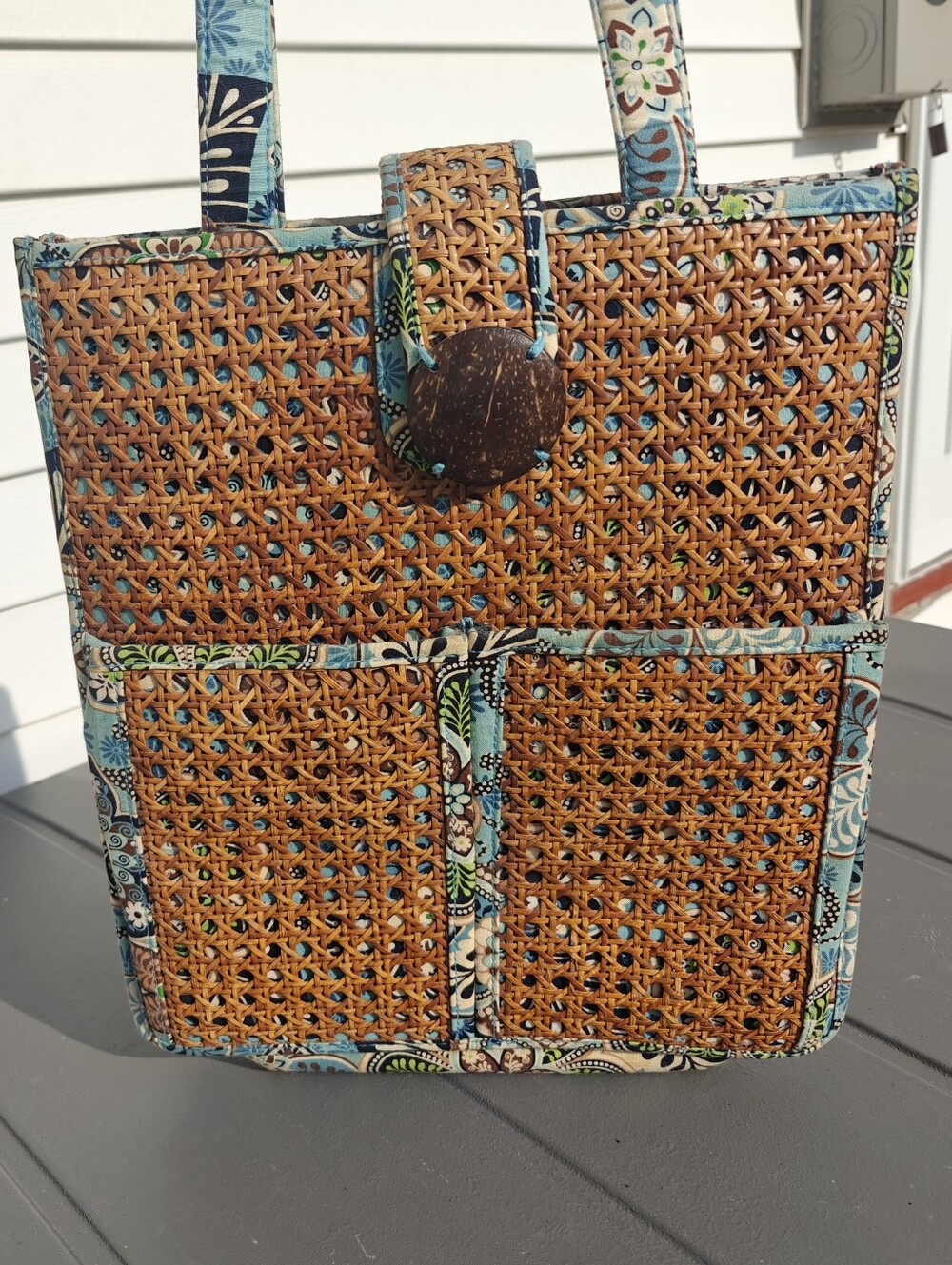 Vera Bradley Bali Blue & Hope Garden Structured Tiki Tote with Caning RARE